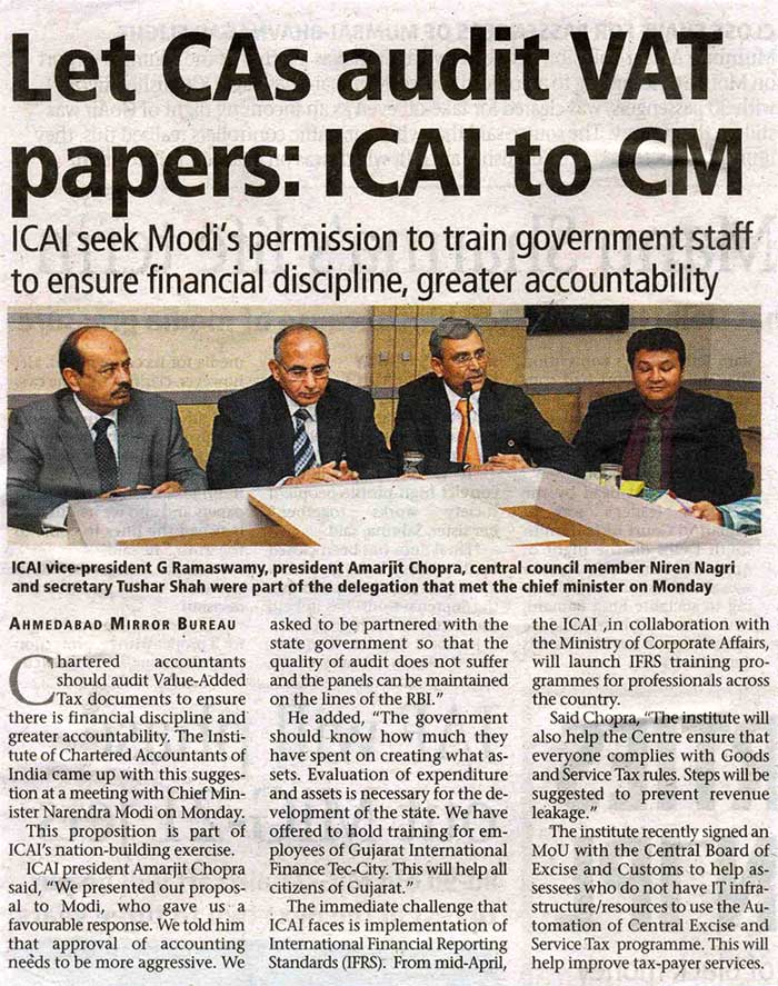 Let CAs audit VAT papers: ICAI to CM - Ahmedabad Mirror - Ahmedabad - 20-Apr-2010